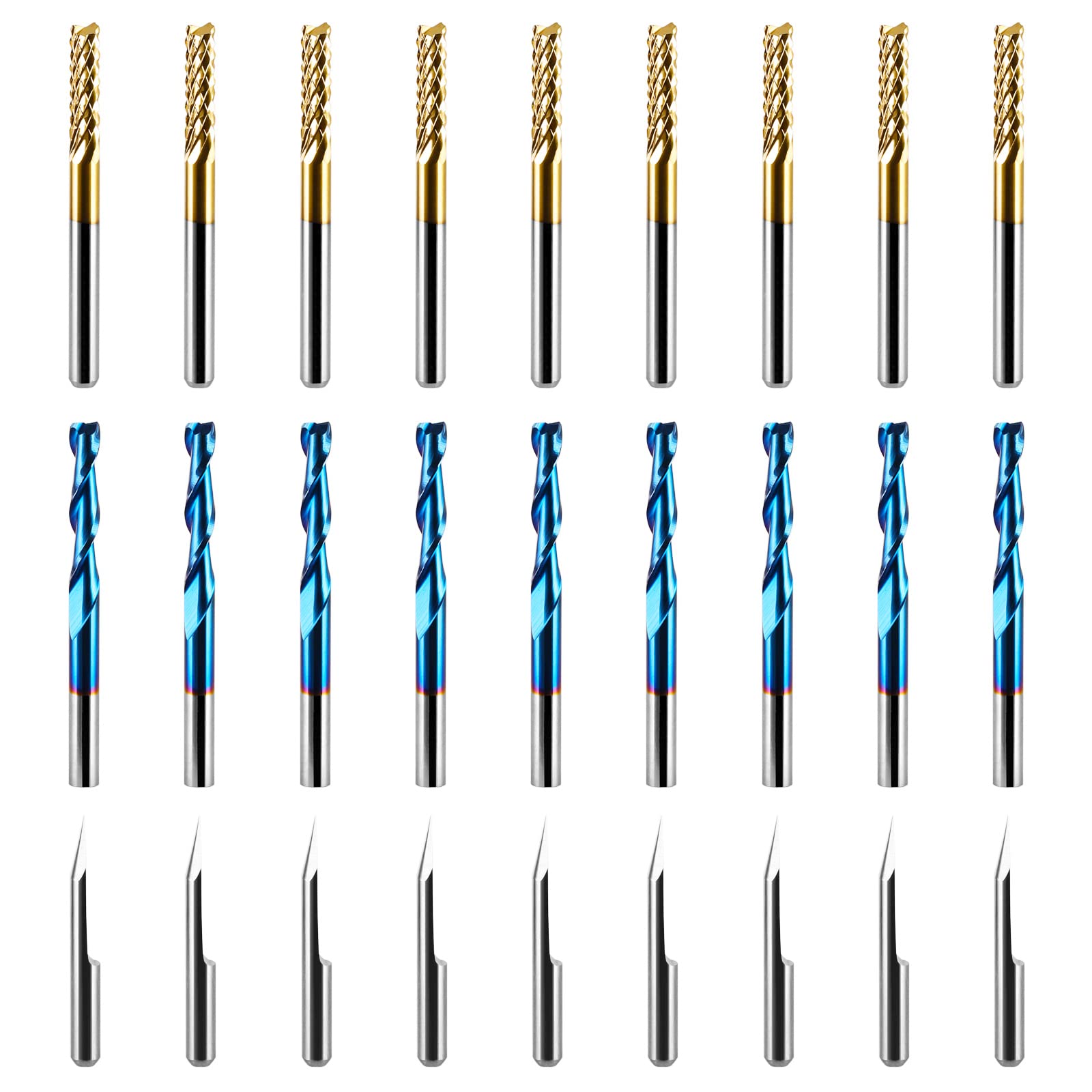 30pcs End Mills CNC Router Bits, 1/8'' Shank, Including 2-Flute Nano Blue Coat Flat Nose End Mill, Titanium Coat CNC Bits & 30° V-Groove Engraving Bits, MC30B