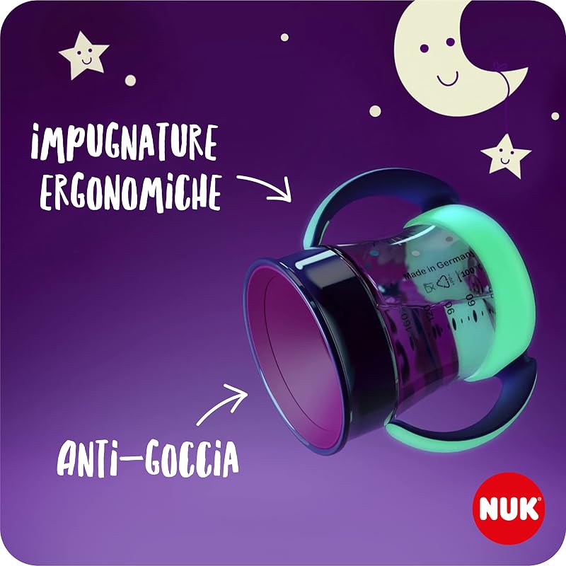 Mini Magic Cup Night Bicchiere salvagoccia | Bordo 360° anti-rovesciamento | 6+ mesi | Si illuminano al buio | Impugnatura facile | Privo di BPA | 160 ml | blu | 2 pezzi