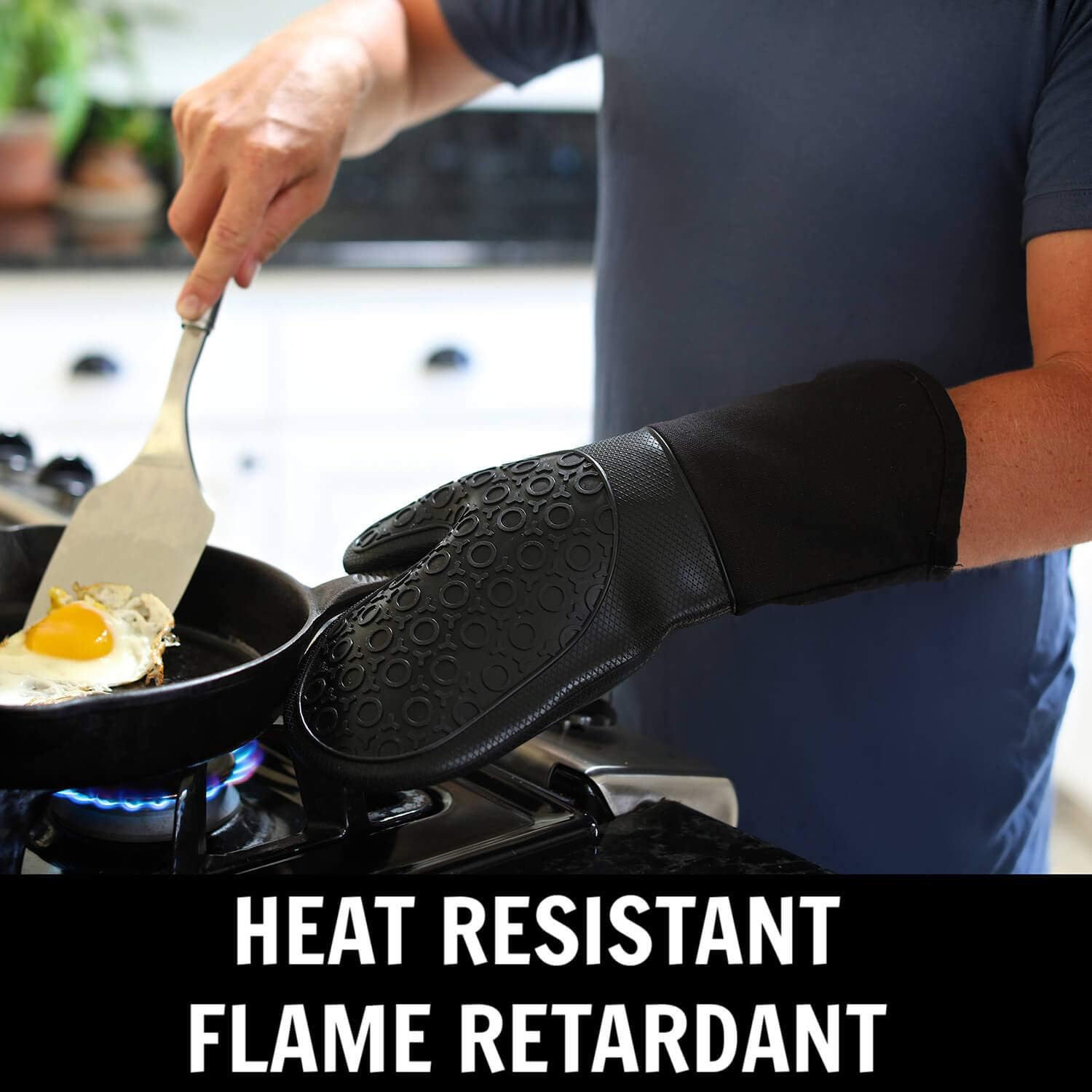HOMWE Silicone Oven Mitts and Pot Holders, 4-Piece Set, Heavy Duty Cooking Gloves, Kitchen Counter Safe Trivet Mats, Advanced Heat Resistance, Non-Slip Textured Grip, Black: Home & Kitchen
