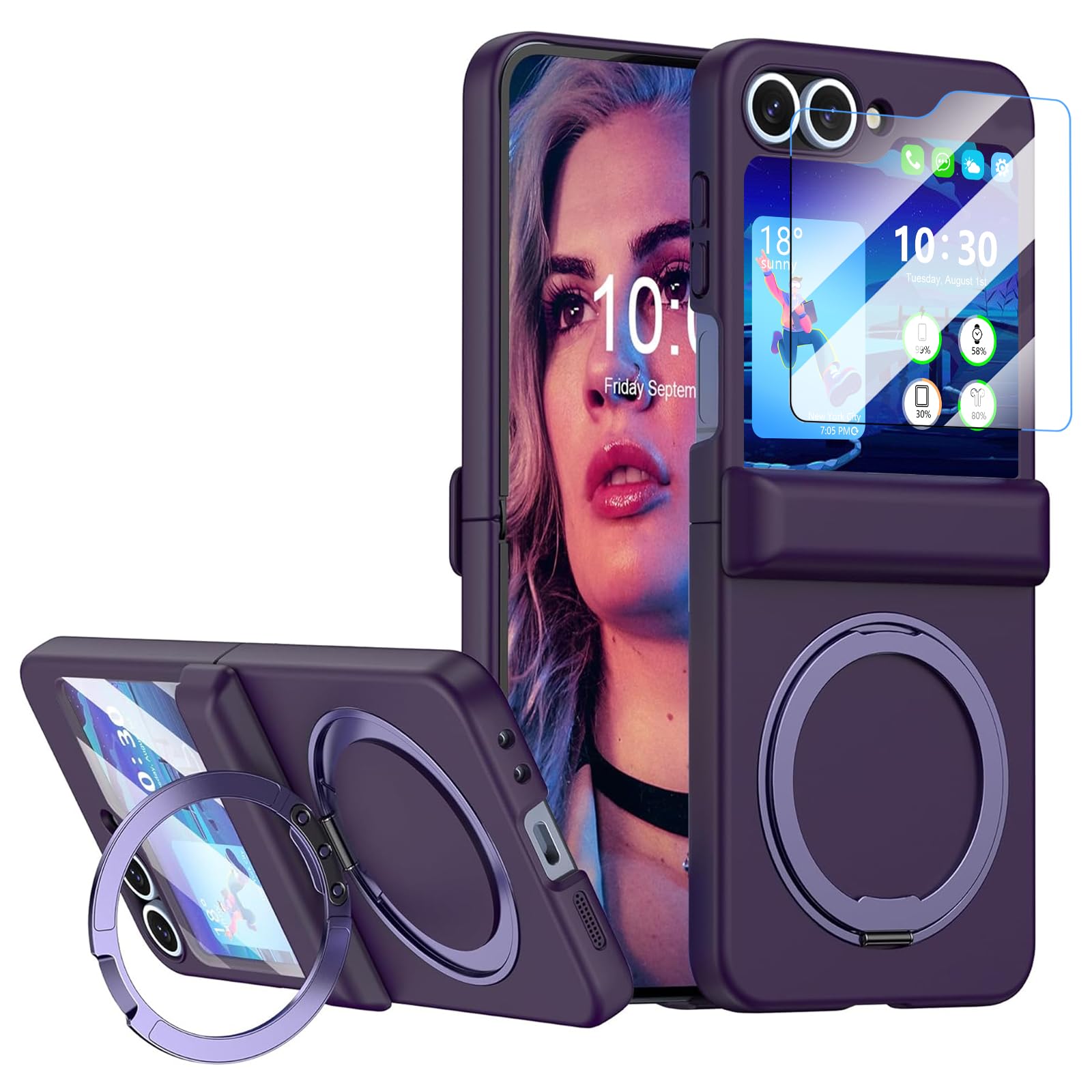 Designed for Samsung Galaxy Z Flip 6/5 Case Magnetic with Hinge Protection & Screen Protector & Kickstand [Compatible with MagSafe],Slim Protective Phone Case Cover (Dark Purple)