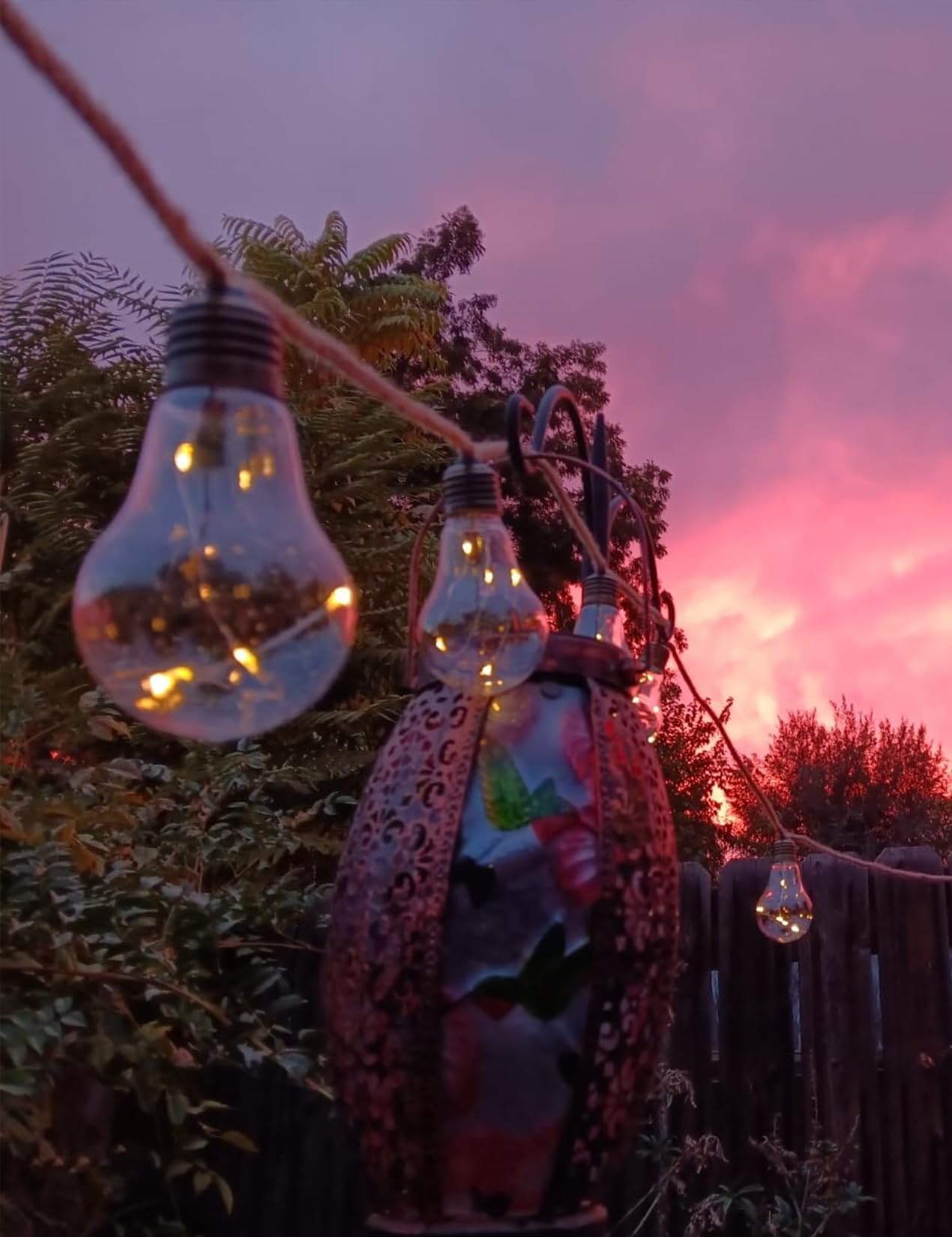 Condition photo showing As Is for solar outdoor string lights, 10ft vintage rope hemp solar patio lights, waterproof warm white solar powered string lights with 10 shatterproof bulbs for garden fence balcony