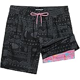 maamgic Mens Swim Trunks 7" Swim Shorts with Compression Liner Quick Dry Swimming Trunks Plaid Grain Bathing Suit