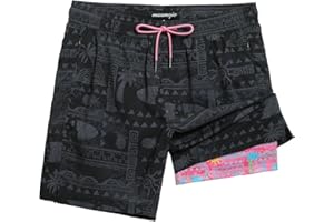 maamgic Mens Swim Trunks 7" Swim Shorts with Compression Liner Quick Dry Swimming Trunks Plaid Grain Bathing Suit