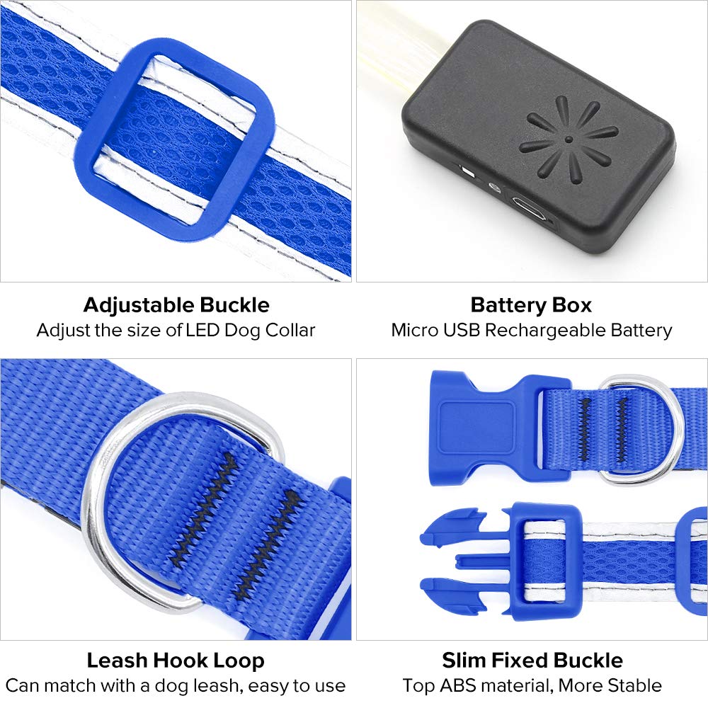 Ezier LED Dog Collar, USB Rechargeable Glowing Led Pet Collars, Comfortable Mesh Reflective Light Up Collars for Large Dogs (L, Blue)