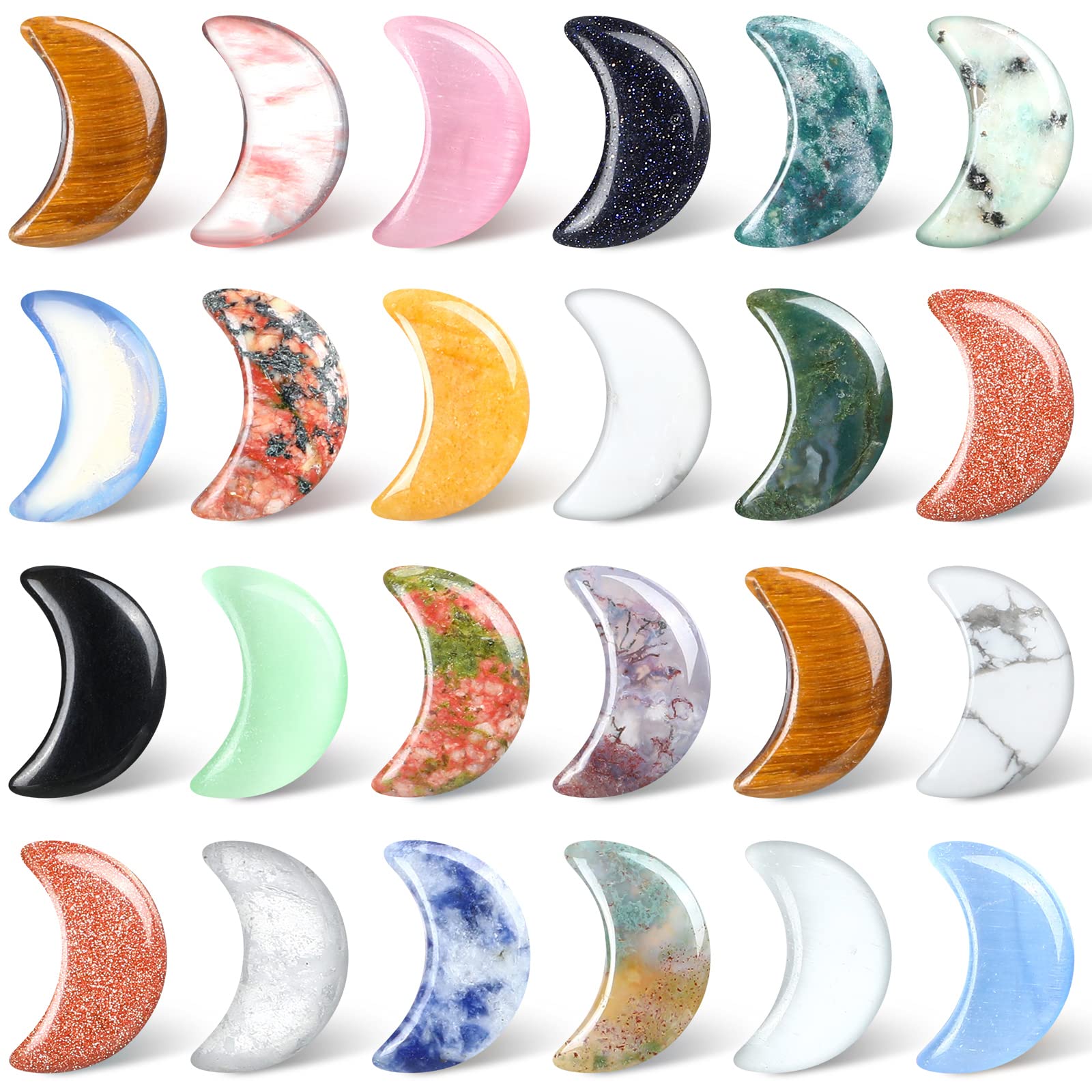 Photo 1 of 24 Pieces Crescent Moon Shaped Gemstones Bulks 0.7 Inch Moon Shaped Crystal Worry Stones Bulks Multicolor Moon Gemstones Carved Stones for Witchcraft Jewelry Making Meditation Balancing Pendant Decor