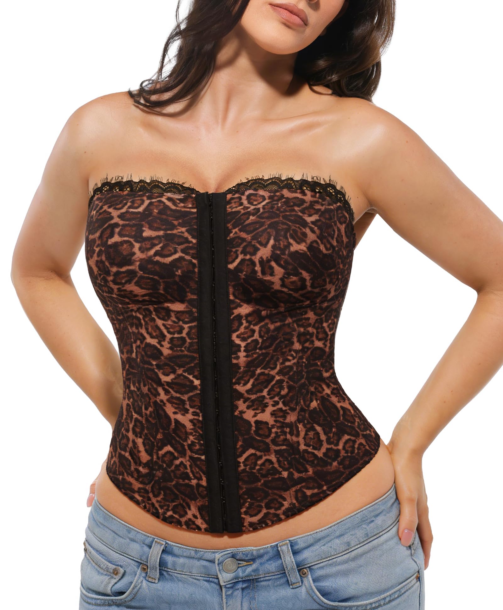Photo 1 of Popilush Leopard Print Tops for Women Shapewear Lace Mesh Top Sculpting Detachable Strap Bustier Western Outfit Summer Splash