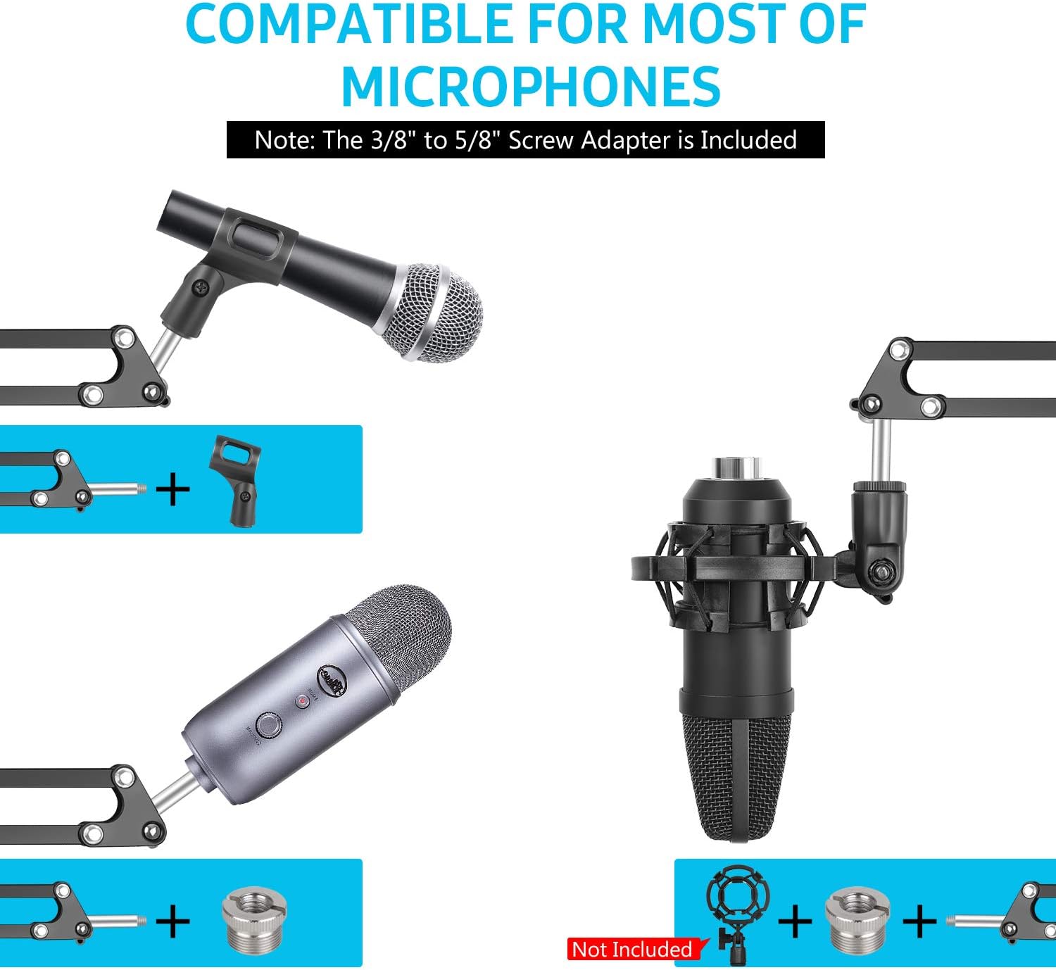 InnoGear Microphone Arm, Upgraded Mic Arm Microphone Stand Boom Suspension Stand with 3/8" to 5/8" Screw Adapter Clip for Blue Yeti Snowball, Yeti Nano, Yeti x and other Mic: Musical Instruments