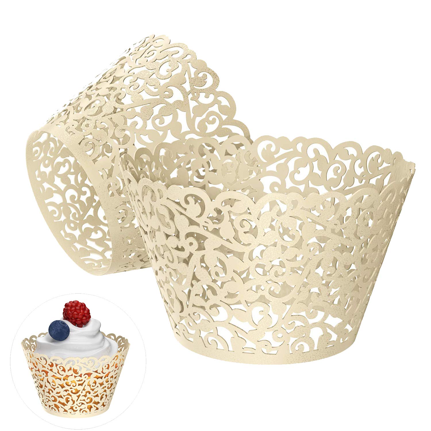 Gospire 50 pcs Pearl Lace Filigree Wedding Cupcake Wrapper Baking Cake Cups Wraps Party Decoration Laser Cut (Titanium White)