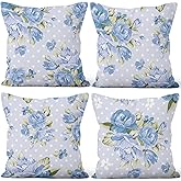 Vie Savaran Sky Blue Flower Throw Pillow Covers 18"x18" Set of 4, Vintage Roses Floral Couch Pillowcases for Chair Sofa Bed Room Office Car Garden Patio Farmhouse Indoor Outdoor Decoration