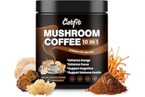 CATFIT Mushroom Coffee Powder, 10 Mushroom Blend- Lion's Mane, Chaga, Cordyceps, Brain Supplements with Arabica Coffee, Ashwagandha, L-Theanine for Energy, Focus, Memory and Immunity, 50 Serving