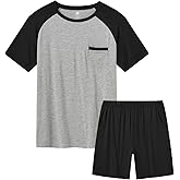 MoFiz Men's Sleep Sets,Modal Pajamas Set Ultra Soft Sleepwear Short Sleeve Top & Bottom PJS Lounge Set 2 pieces
