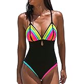 popvil One Piece Swimsuit for Women 2026 Bathing Suit Rainbow Color Block Swim Suits Deep V Neck Swimwear