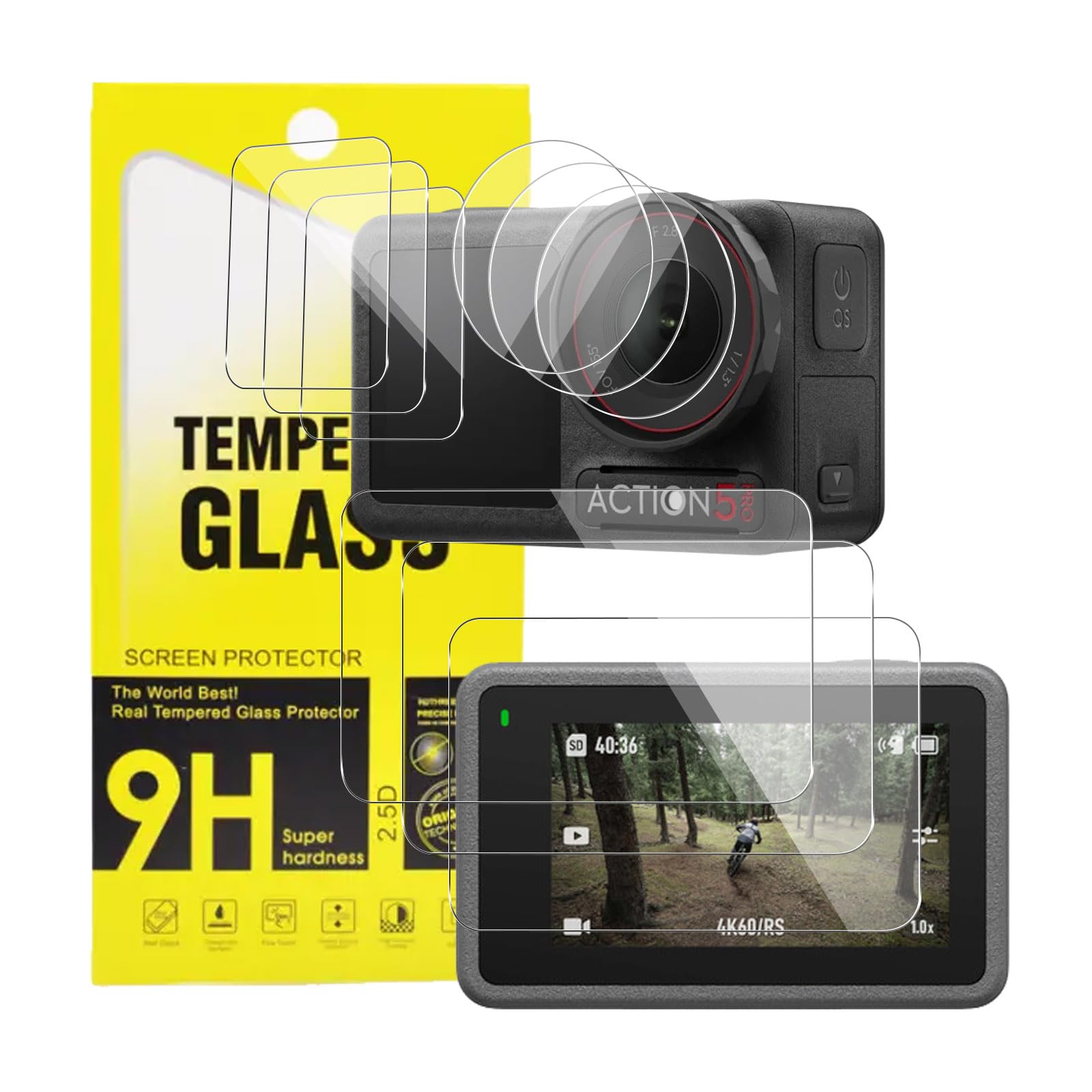 KZIOACSH Screen Protector for DJI Osmo Action 5 Pro, [3+3+3 Pack] 0.3mm 9H Hardness Tempered Glass Ultra Clear Anti-Scrach Anti-Bubble Protective Front Screen Film with Camera Protector Lens