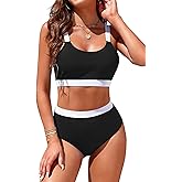 Womens High Waisted Bikini Sets Sporty Crop Top Color Block Swimwear Bandeau Scoop Neck Vintage Two Piece Bathing Suits