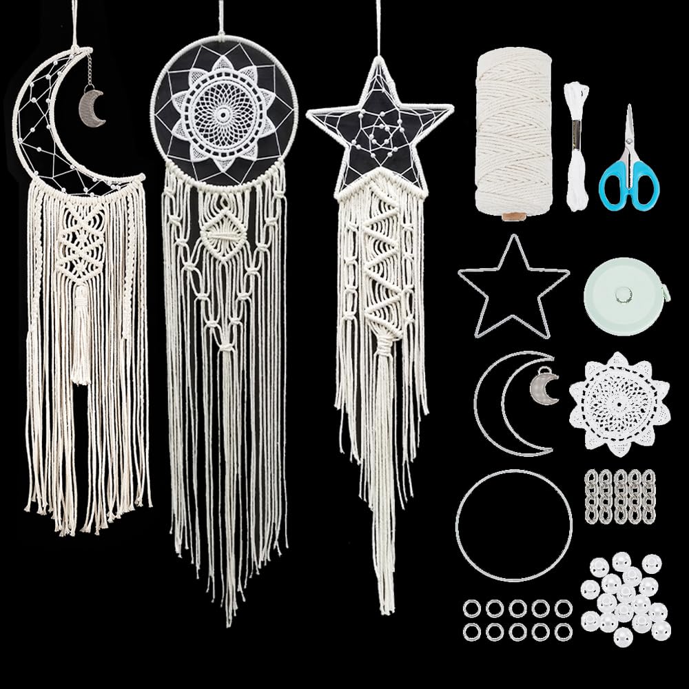 FREEBLOSS 3 Set Moon and Star Macrame Kit Star Moon Dreamcatcher with Instructions Macrame Wall Hanging DIY Boho Wall Art Macrame Wall Decoration for Bedroom Beginners