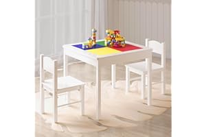 4NM 3 in 1 Kids Table Set for 2, Children Table and Chairs, Toddler Play Activity Table with Hidden Storage Wood Building Block Table Desk for Ages 3-7- Color White