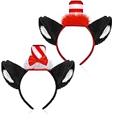 VWAERR 2 Pack Cat Ears Headband with Hat, Red & White Stovepipe Hat Headband with Bow Feather, Cosplay Costume Accessories for School Festivals Costume Party Supplies