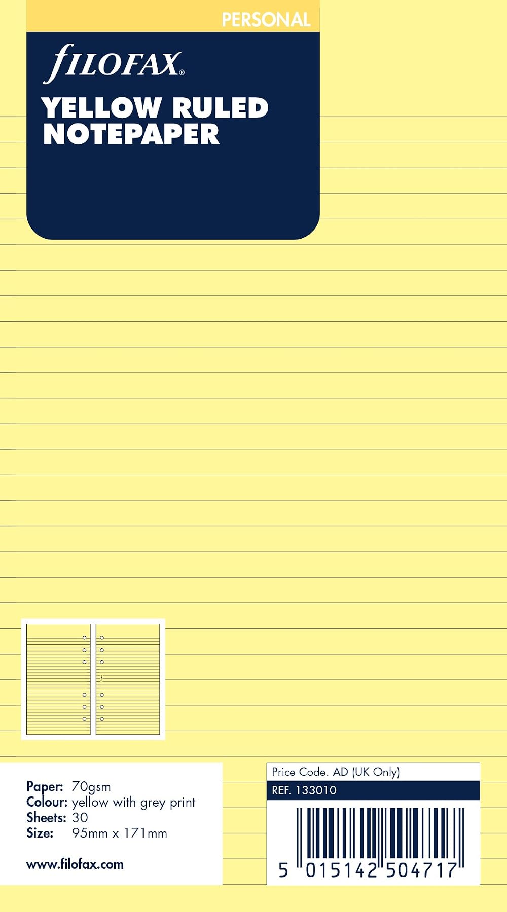 Filofax Refill Personal 30 Yellow Ruled Sheets 95x171mm 6 Hole