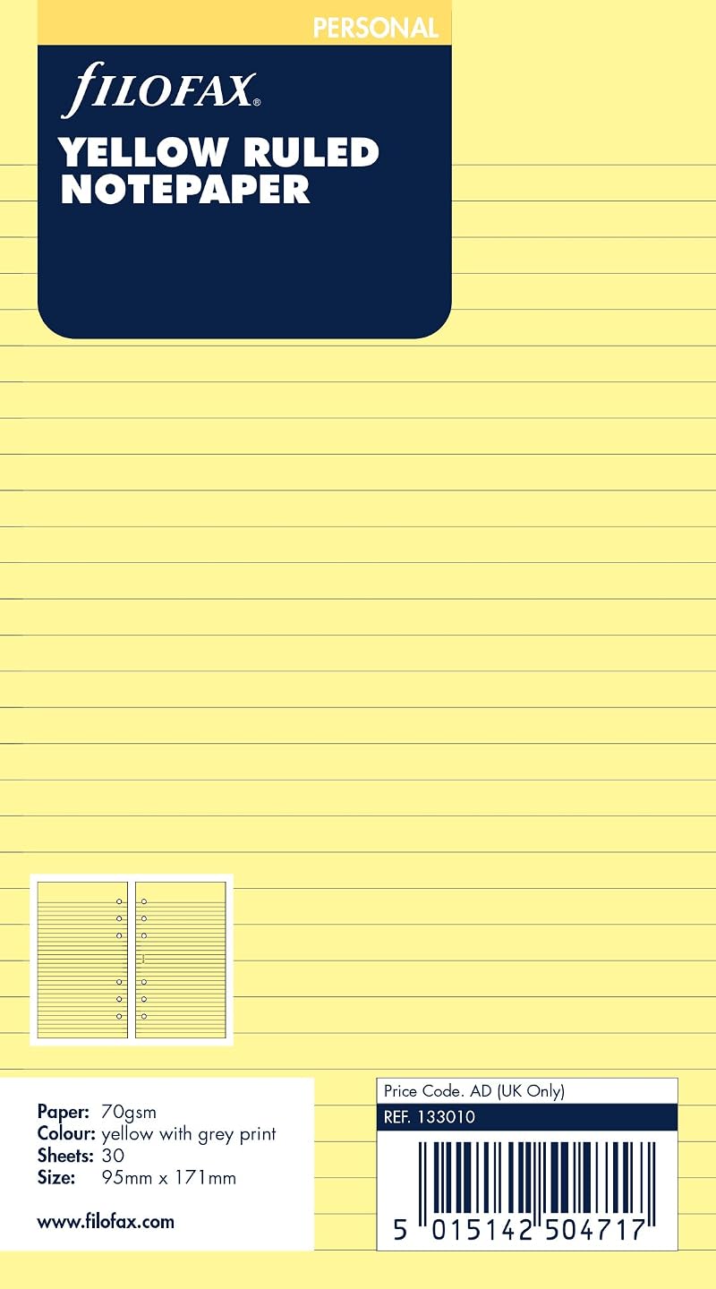 Filofax Refill Personal 30 Yellow Ruled Sheets 95x171mm 6 Hole