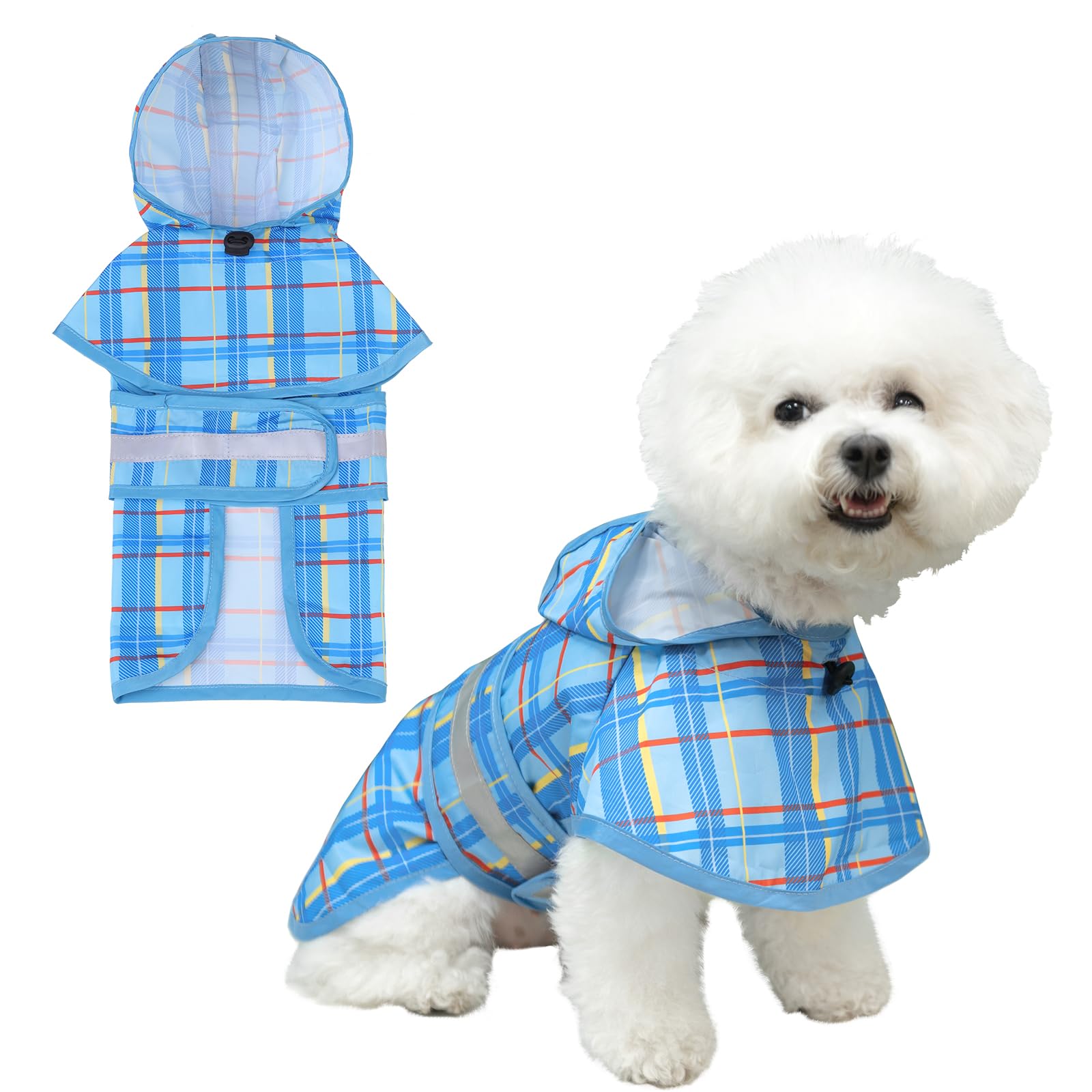 KOOLTAIL Dog Raincoat Hooded Slicker Poncho with Leash Hole, Raincoat for Small Medium Dogs, Waterproof Doggie Rain Jacket with Reflective Strip, Adjustable Breathable Plaid Puppy Rainwear-Blue