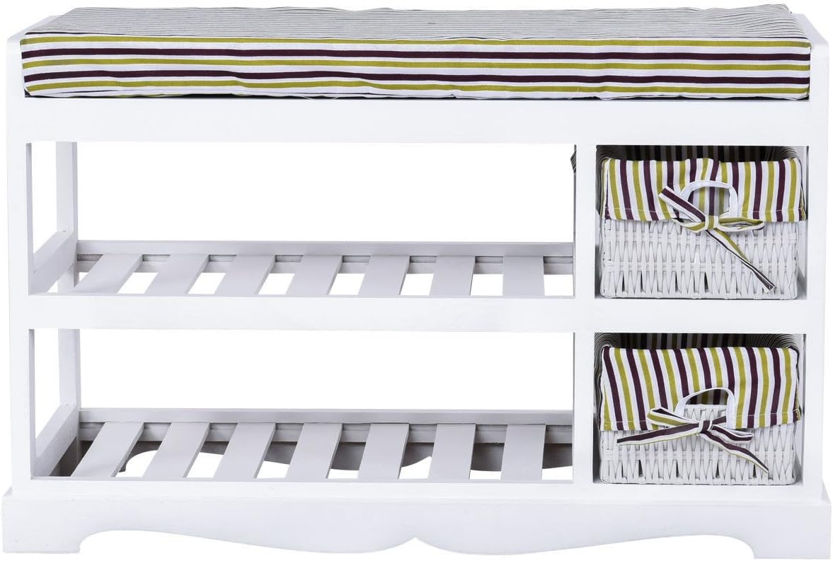 GJH One Padded Shoe Storage Bench Organizer Rack Shelf Unit Entryway Hallway Bench White 2 Basket 28'' X 13'' X 18''