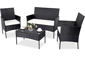 PAIQIAN Patio Furniture Set 4 Pieces, Conversation Sets Outdoor Wicker Rattan Chairs Garden Backyard Balcony Porch Poolside Loveseat with Soft Cushion and Tempered Glass Table,Black/Beige