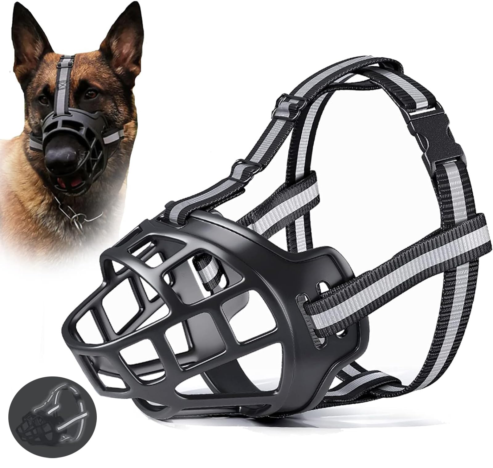 Black Dog Muzzle for Large Breed Adjustable Dogs Muzzles for Xl Bully Breathable Basket Muzzle,Soft Silicone Basket Muzzles with Reflective Strip to Prevent Biting Barking Chewing,Dogs Can Drink(M)