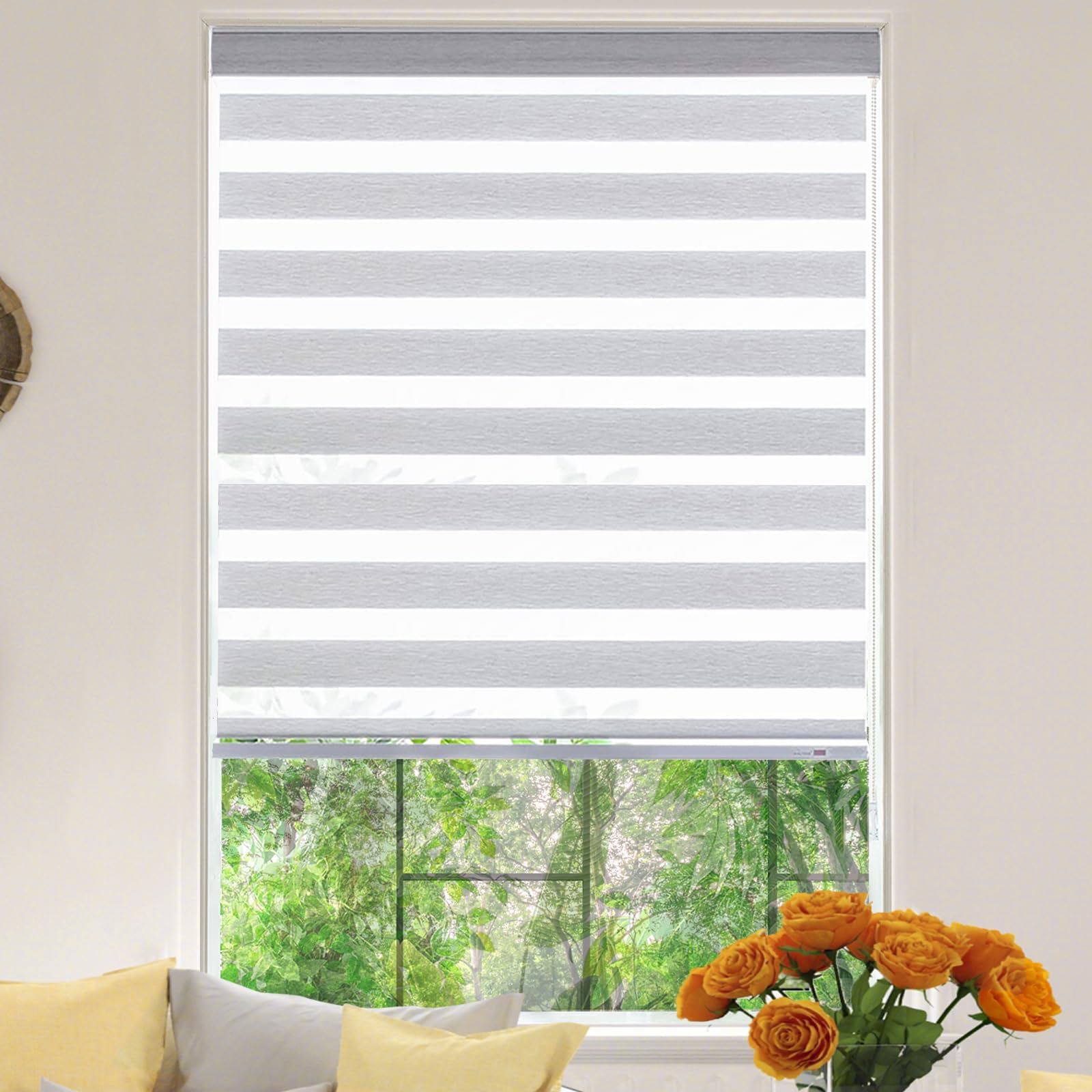 Photo 1 of KALYSIE Zebra Roller Window Blinds,Custom Cut to Size,Roller Blinds Dual Layer Roller Shade Blinds, Gray,Fixed 72 InchesHigh,70 Inches Width