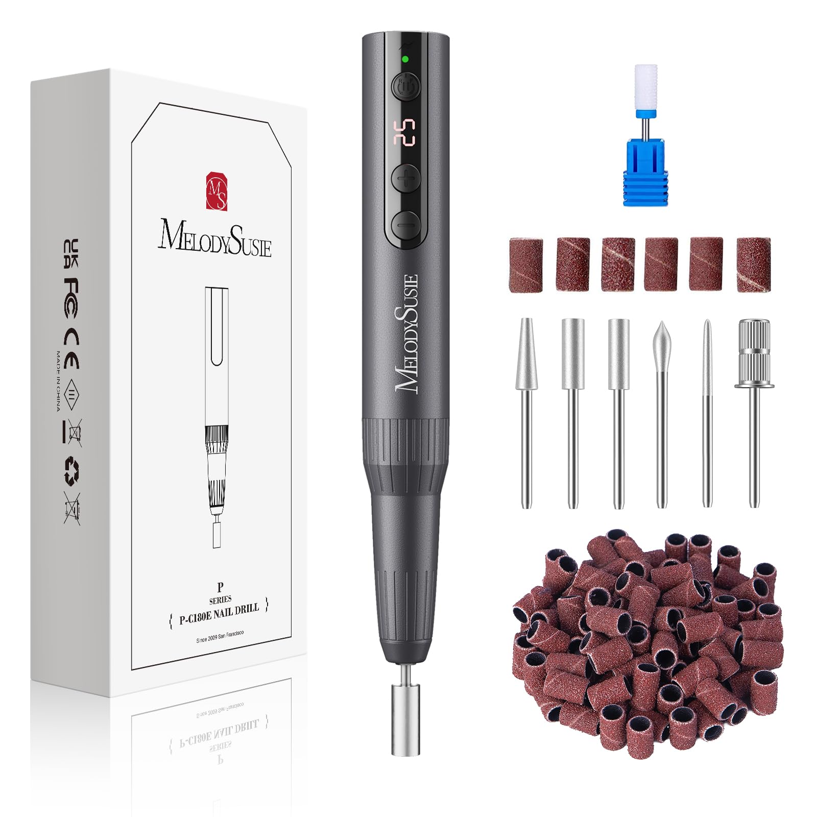 MelodySusie Professional Cordless Electric Nail Drill：PC180E Rechargeable Portable 25000RPM Nail Efile for Acrylic Gel Dip Powder Nails, 25 Speeds with Nail Drill Bits Sanding Bands Gray
