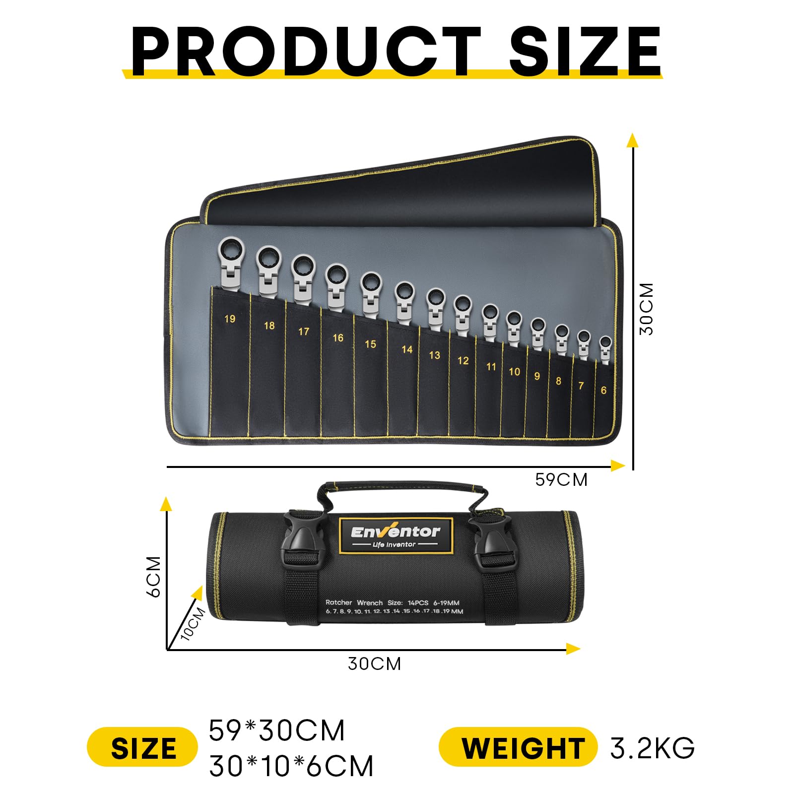 Enventor Schraubenschlüssel-Ratschenset, 14-teilig, 6-19mm, Ringmaulschlüssel, Gabelschlüssel-Ringmaul-Schlüssel-Set, 72 Zähne, 5° Schwenkbereich, Chrom-Vanadium-Stahl, Oxford-Tasche 8