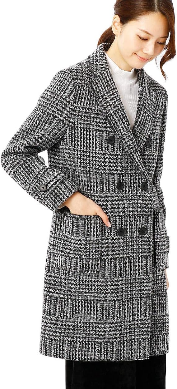Amazon コムサ イズム Comme Ca Ism ダブルブレスト グレン チェック チェスターコート 12 26wc05 107 L ブラック レディース コート ジャケット 通販