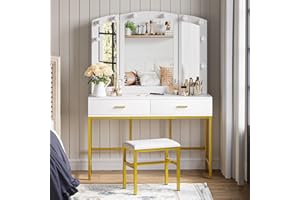 Semiocthome Vanity Desk with Mirror and Lights, Tri-Fold Large Mirror Makeup Vanity Desk with Lights, 60" Tall White Vanity Table with Mirror with Lights and Chairs, Vanities for Women/Girls Bedroom