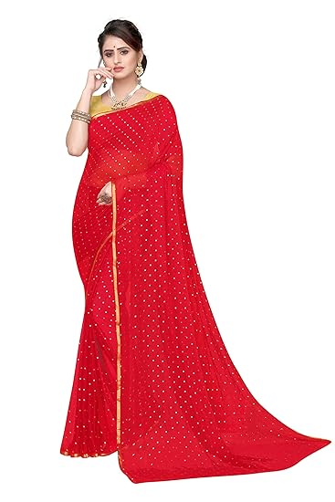 chiffon with blouse piece Saree (BUNDI RED Free Size)