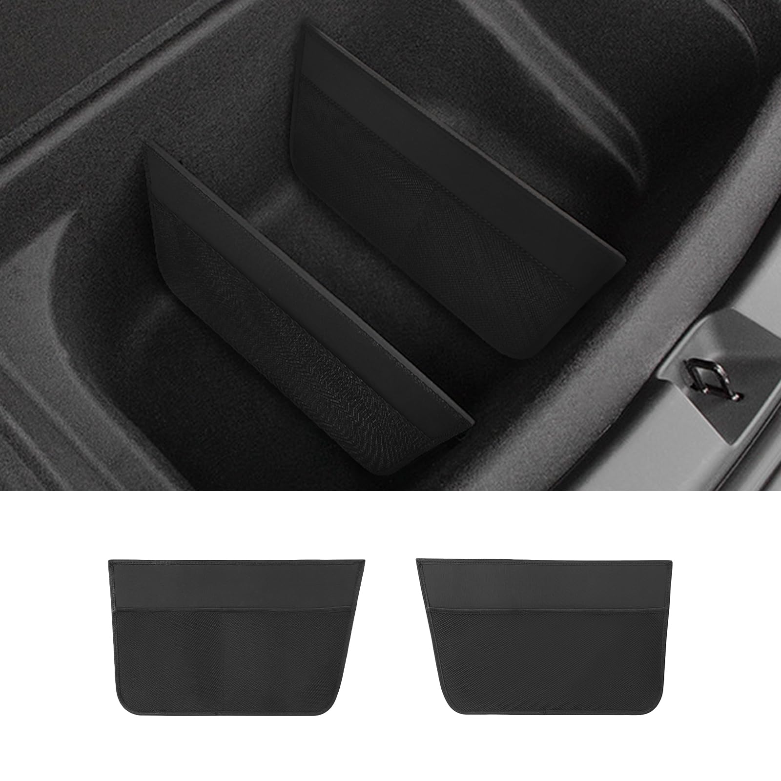 Photo 1 of CNSPEED Rear Trunk Lower Storage Organizer Partition Board Car Trunk Storage Box Compatible for 2021-2024 Model Y, Dividers with Mesh Pockets for Storage Separation