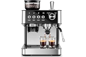 Kismile 15 Bar Espresso Machines with Grinder, Professional Espresso Maker with Removable Water Tank, Milk Frother Steam Wand for Latte&Cappuccino,Hot Water Function for Home (Black)