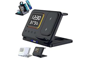 Wireless Charger for iPhone - 5 in 1 Charging Station for Multiple Devices Apple with Night Light & LED Clock & Temperature &