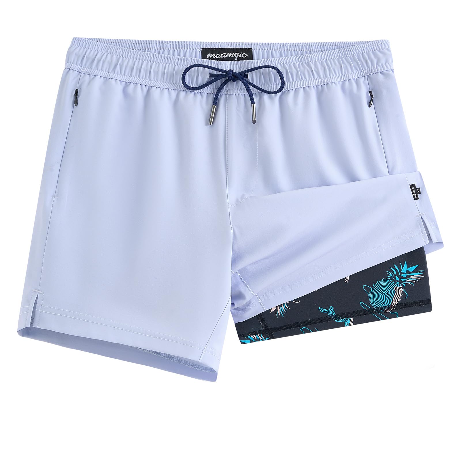 maamgic Mens Swim Trunks with Compression Liner 5 Inch, Quick Dry Bathing Suit with Zipper Pockets, Stretch No-Chafing Swim Shorts, Mist Blue Medium Image