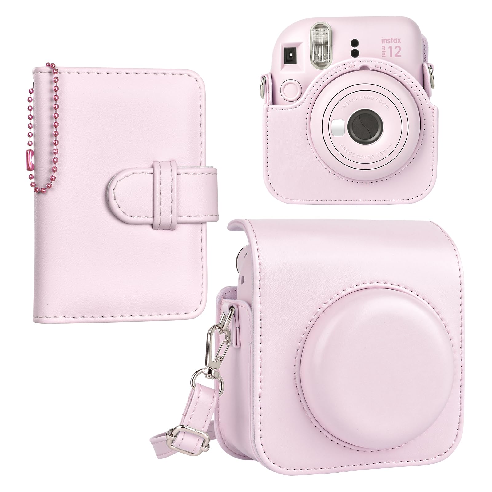 HIYQIN Fuji Instax Mini 12 Case and Album, Elegant PU Leather Protective Case for Instax Mini 12 Camera, Carrying Bag with Photo Pocket, Key-Chain Photo Album and Shoulder Strap - Blossom Pink