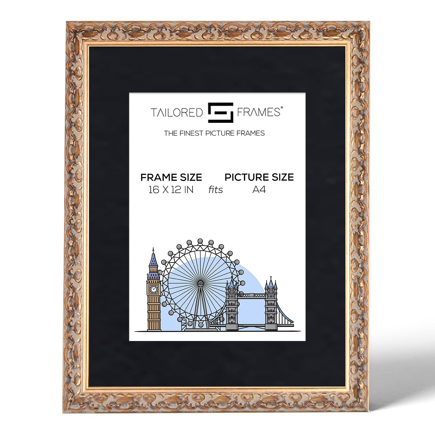 Tailored Frames Vienna Gold 16" x 12" Frame for A4 Picture | Rustic Style Vintage Single Picture Frame | Wall Hanging Type | Photo Frame with Black Mount