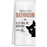 ROXMART Black Cat Bathroom Hand Towels, Gifts for Cats Lovers, Welcome to The Bathroom a Cat Will Be with Decorative Hand Towels for Bath Room Washroom Restroom, 16x24 Inch Set of 2