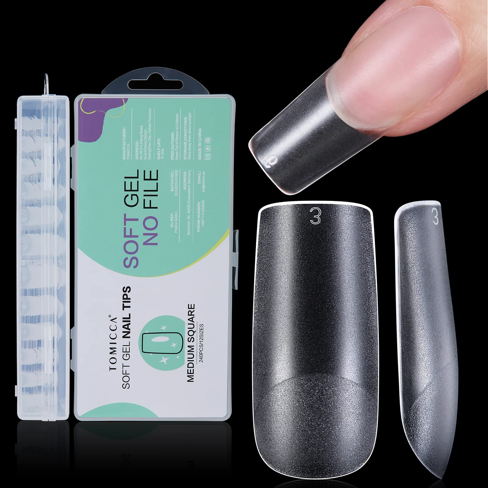 TOMICCA 240Pcs Soft Gel Full Cover Nail Tips - Clear Matte No-File Acrylic Extensions | Pre-Buffed Traceless Fit for Salon & Home DIY, 12 Sizes Medium Square