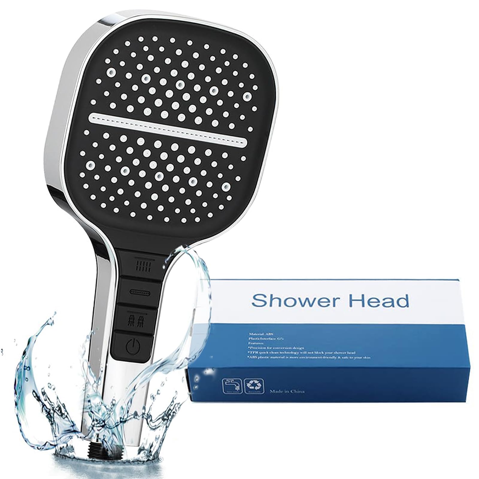 Aeici Square Shower Head, Universal Shower Head 8-Mode Big Rainfall Shower Head Black Without Hose Silicone Black