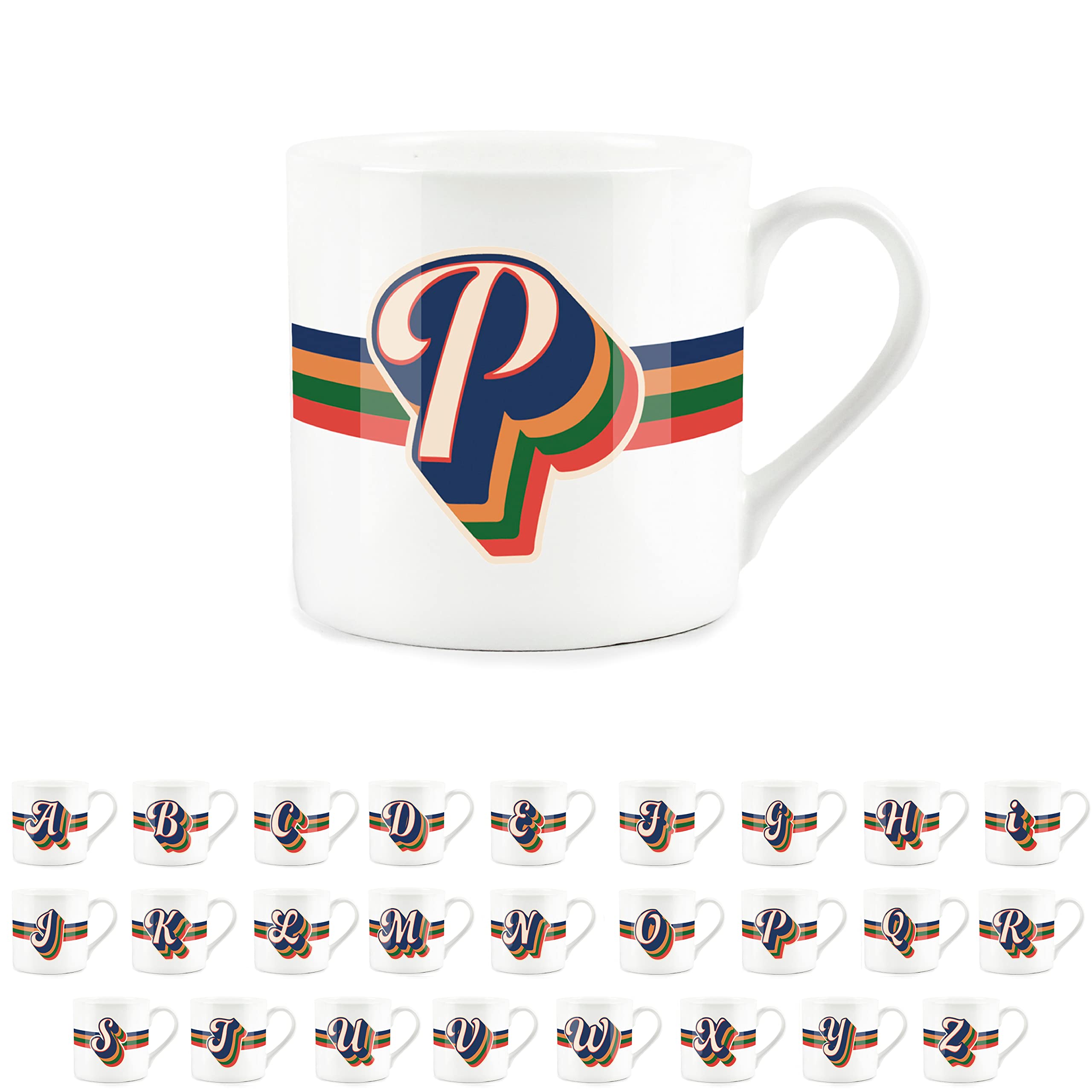 Purely Home Retro Alphabet Letter P Mug - Bone China White Coffee Tea Present Personalised Initial Gift