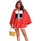Cuteshower Women Little Red Riding Hood Costume for Adult Halloween Costume Party Dress with Hood Cape