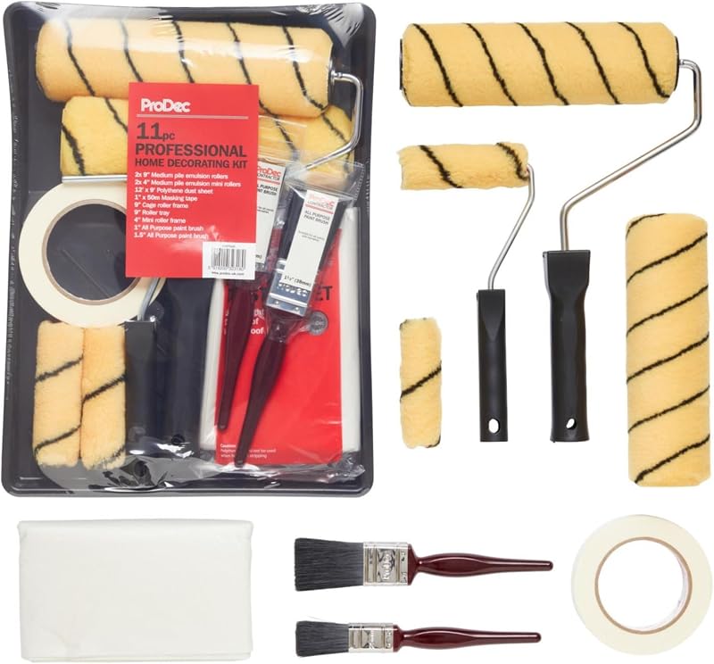 ProDec 11 pc Professional Decorating Kit Roller Set Emulsion Trays Brushes Dust