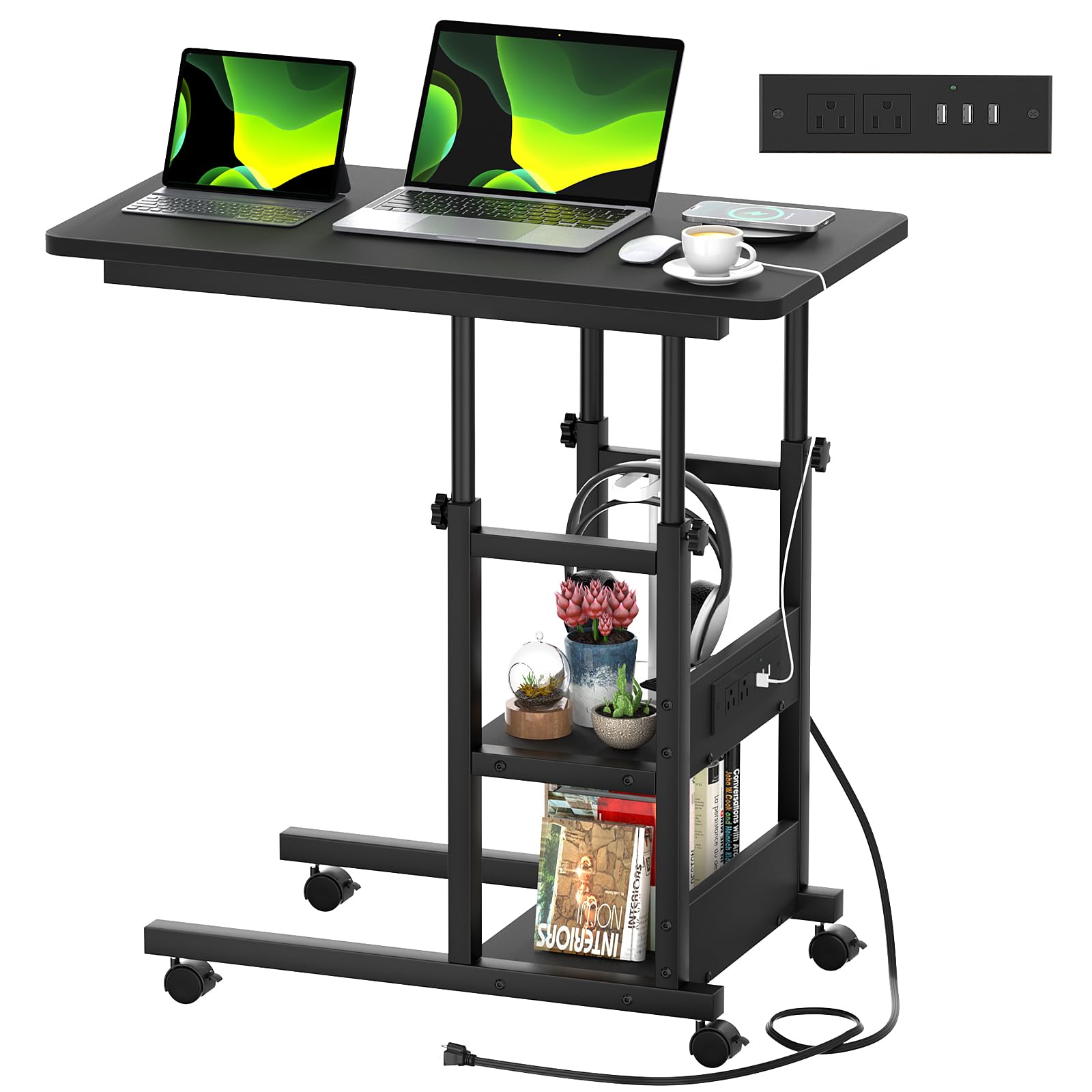 Photo 1 of **MISSING INSTRUCTIONS** Armocity C Shaped End Table Height Adjustable - Couch Side Table with Charging Station, TV Tray with Wheels Slide Under Sofa for Small Spaces, Living Room Bedroom, Black