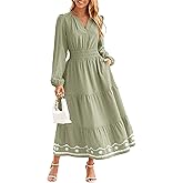 Simplee Women's Long Sleeve Fall Long Dress Swiss Dot Maxi Wedding Guest Dress Boho V Neck Casual Dress with Pockets