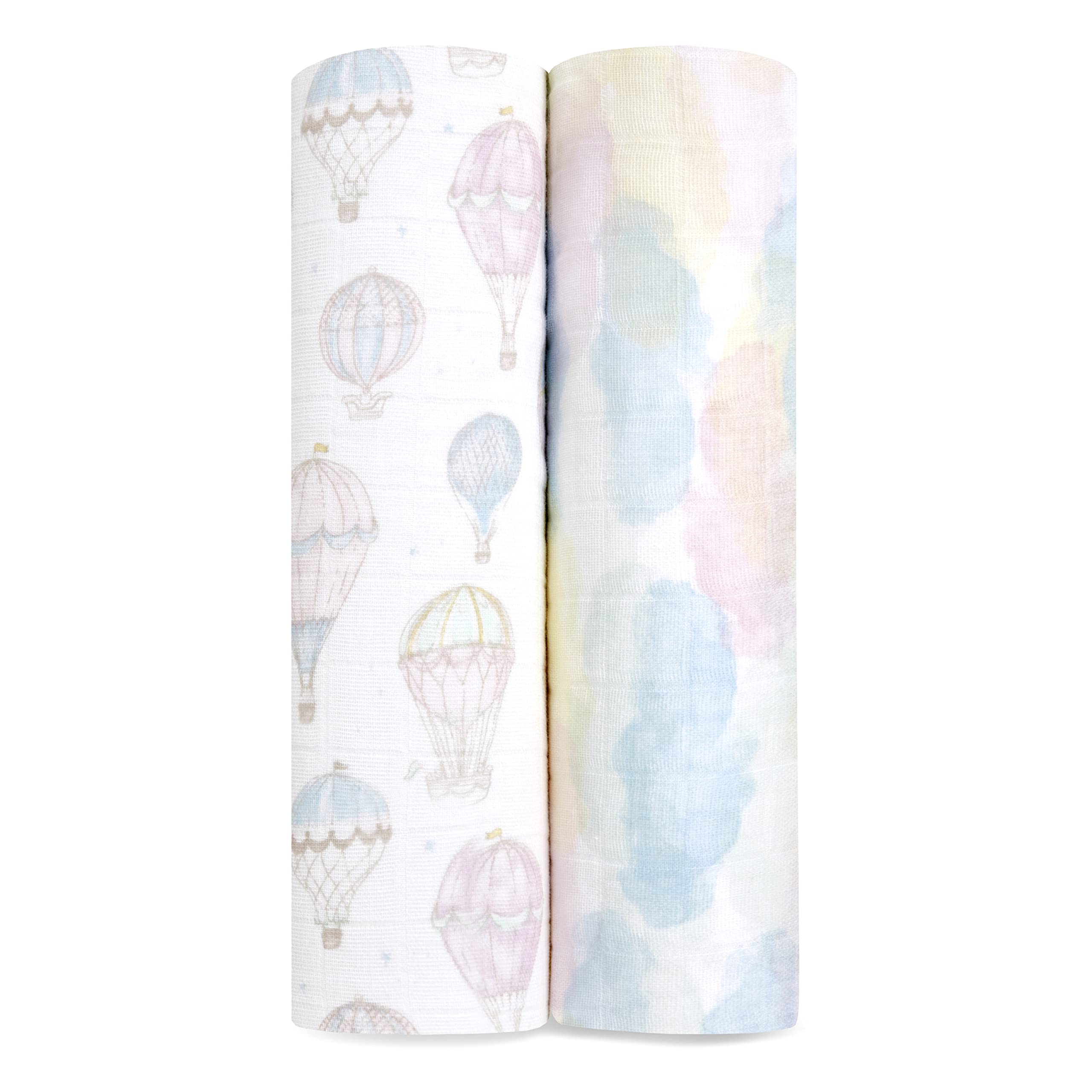 aden + anais above the clouds Swaddle Blanket - Pack of 2 | Large 100% Breathable Organic Muslin Cotton Wrap Set for Baby Girls| Clouds, Air Balloon, Stars Print Designs, 120 x 120 cm (ASWO20006) — image 1