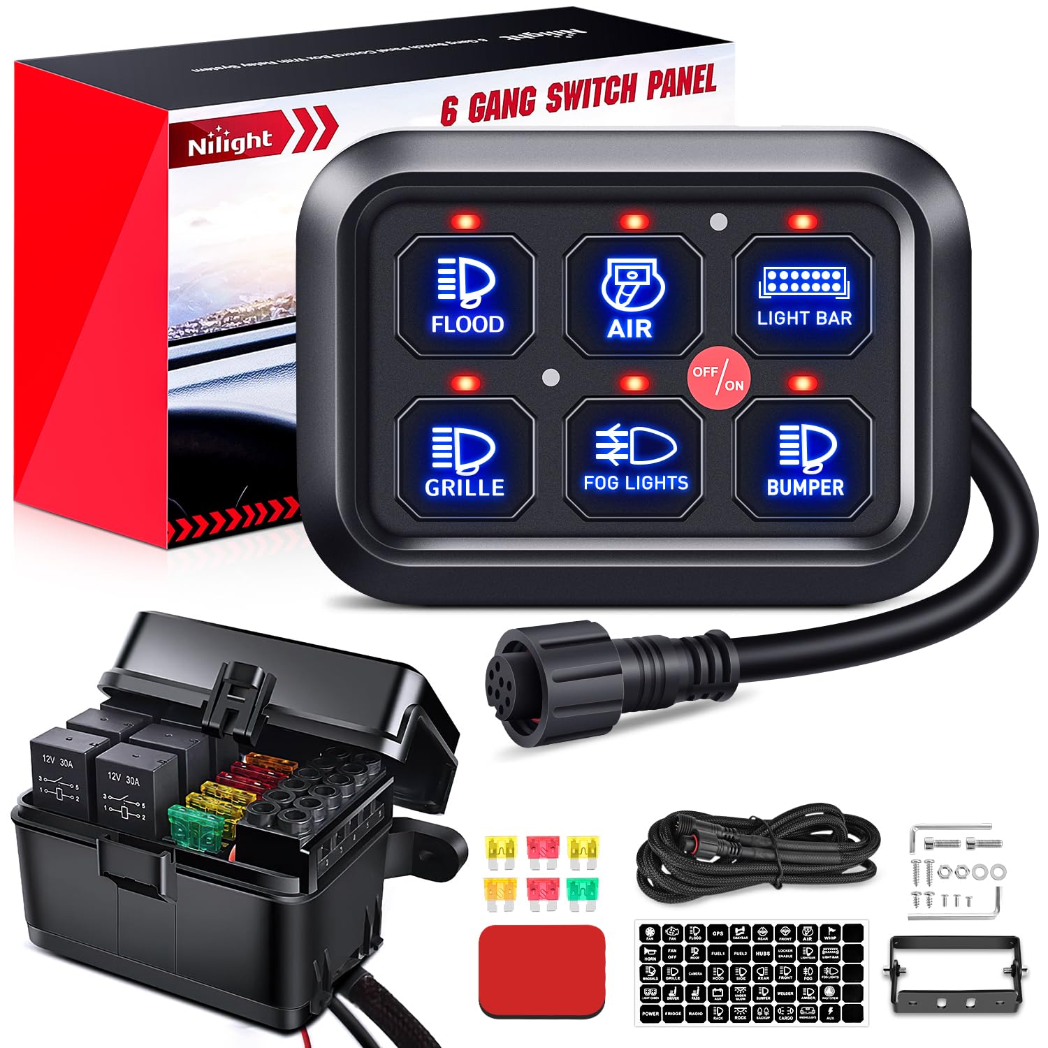 Photo 1 of Nilight 6 Gang Switch Panel Universal Circuit Control Relay System with Fuse Wiring Harness Automatic Dimmable ON-Off LED Pod for Cars Trucks Boats ATV UTV SUV