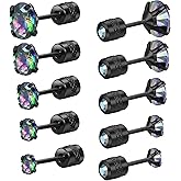 KWUNCCI Titanium Earrings for Sensitive Ears, Flat Back Stud Earrings for Women Men, CZ Silver Gold Black Screw Back Stud Earrings, Hypoallergenic Surgical Steel Cartilage Earrings Set